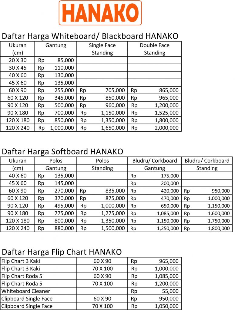 Daftar Harga Papan tulis Hanako 2023